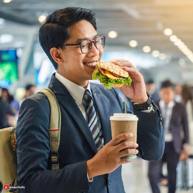 写真 混雑した空港ターミナルでサンドイッチを急いで手に入れる忙しいビジネスマンの写真