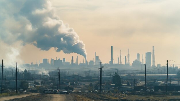 写真 工場の煙に部分的に覆われた街のスカイラインの写真