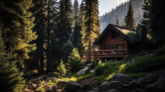 Фото Фотография уютной альпийской хижины, расположенной среди сосен, залитых солнечным светом.