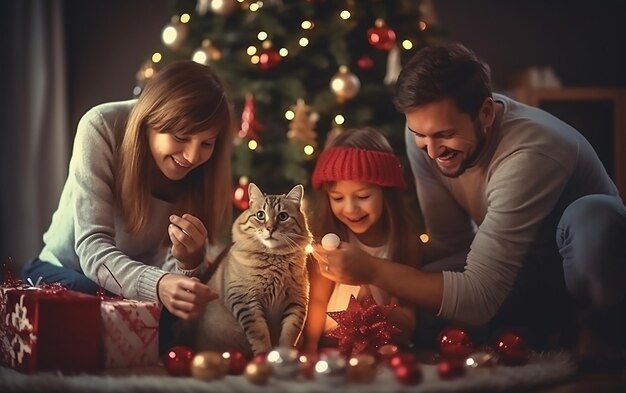 写真 可愛い猫と一緒にメリークリスマスを祝う家族の写真