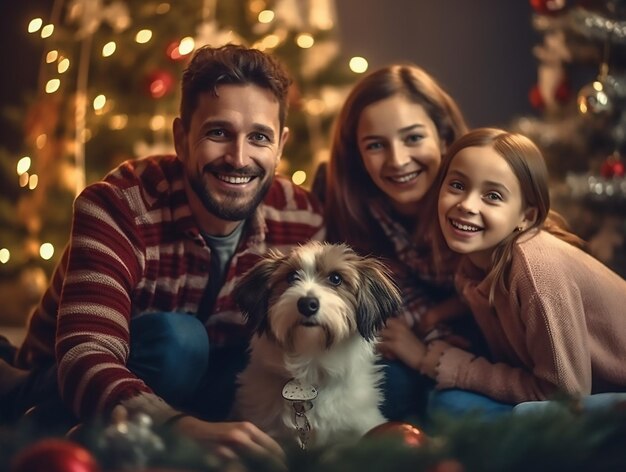 写真 可愛い犬と一緒にメリークリスマスを祝う家族の写真