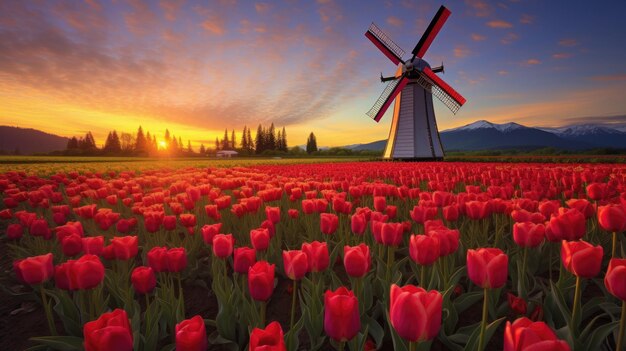 Фото Фотография поля цветущих тюльпанов на фоне ветряной мельницы