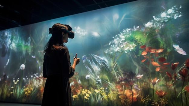 Фото Фото посетителя галереи, исследующего опыт искусства виртуальной реальности