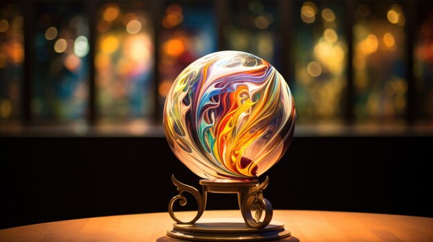 写真 ディスプレイ・スタンド・アート・ギャラリーの背景のガラス吹き装飾品の写真