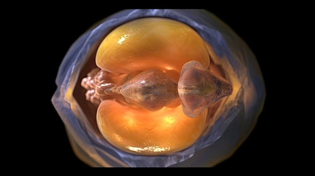 사진 푸른 달걀 안에 있는 인간 태아의 사진.