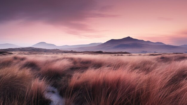 写真 遠くの山脈のピンクの夕焼けのある沼地の写真