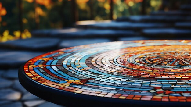 写真 庭のモザイクタイルのテーブルトップの写真