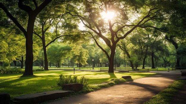 写真 緑の木のある公園の写真 黄金の時間の太陽の光