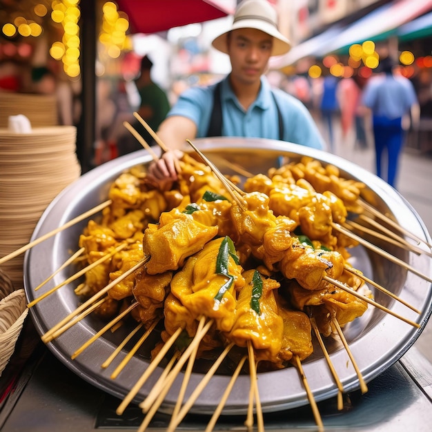 写真 昼食の時間にストリートフードスタンドで提供されるチキンサテの皿の写真