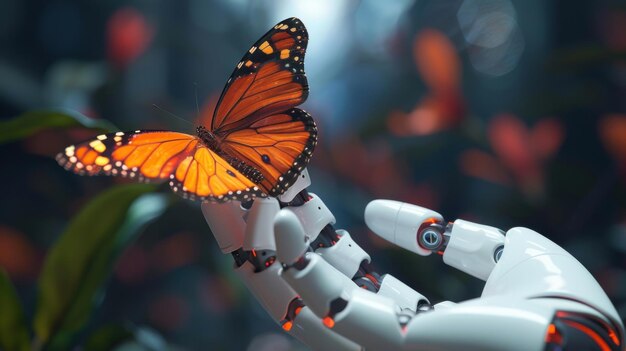 写真 蝶を握っているロボットの手の写真