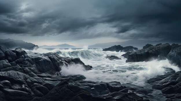 사진 파도가 부히고 폭풍우가 불어오는 바위가 있는 해안선의 사진