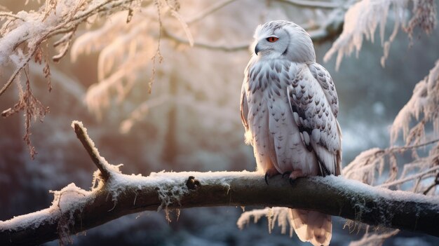 写真 雪で覆われた森の木の枝に座っている雪のオオカミの写真