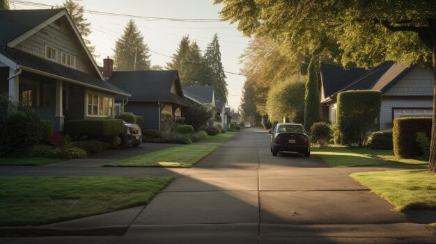 写真 駐車した車の整理整頓された歩道のある郊外のクルデサックの写真