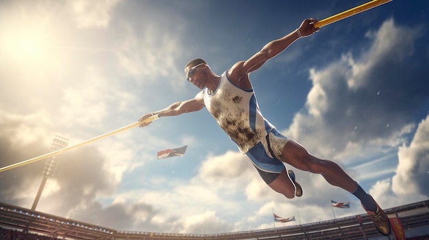 Фото Фото спортсмена по легкой атлетике, летящего над штангой для прыжков в высоту