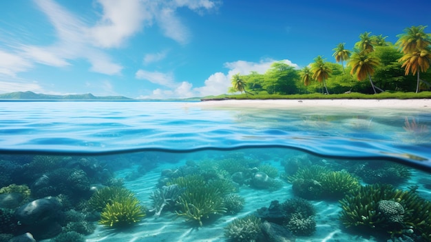 写真 澄んだ青い水と緑豊かな植生のある熱帯の環礁の写真