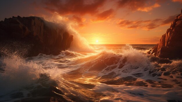 Фото Фото тропического обрыва с разбивающимися волнами под теплым закатным светом
