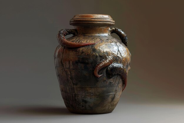 写真 中世の花瓶の写真上に蛇が横たわっている 芸術的な陶器と滑り動く爬虫類の興味深い組み合わせを展示する 中世の水虫の瓶の詳細な描写 aiが生成した