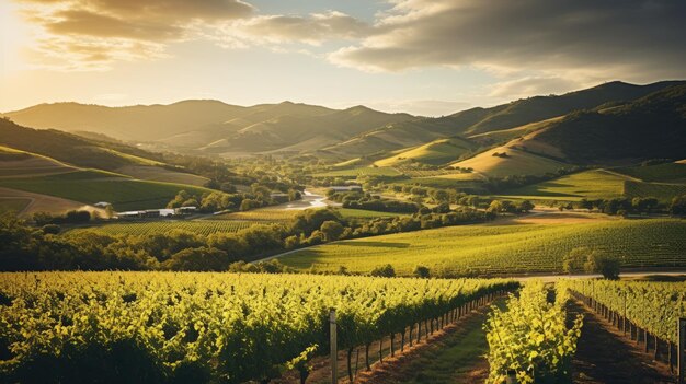 Фото Фотография виноградника с горящими холмами виноградных лоз