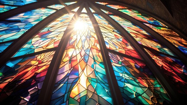 写真 複雑なステンドグラス窓の教会内部の背景の写真