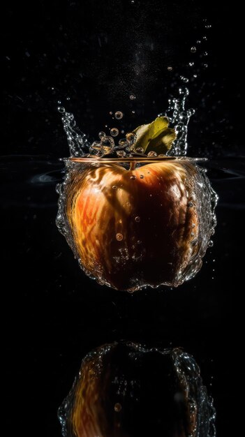 Фото Фото фруктов яблока падают в воду на черном фоне