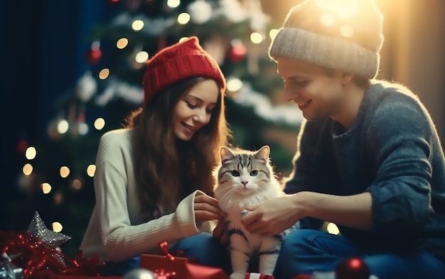 写真 可愛い猫とメリークリスマスを祝っている男の子と女の子の写真