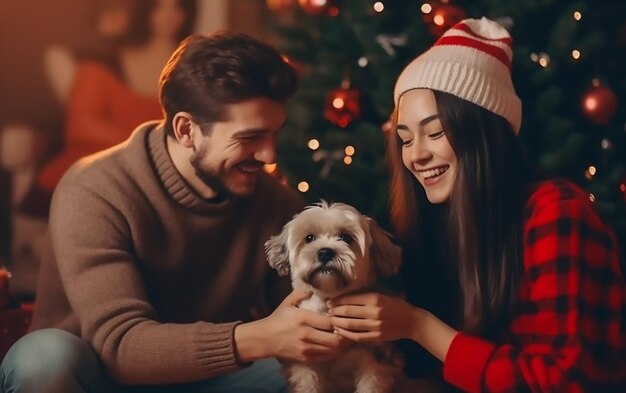 写真 可愛い犬とメリークリスマスを祝っている男の子と女の子の写真