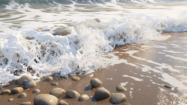 写真 小石のビーチに打ち寄せる泡立つ波の写真