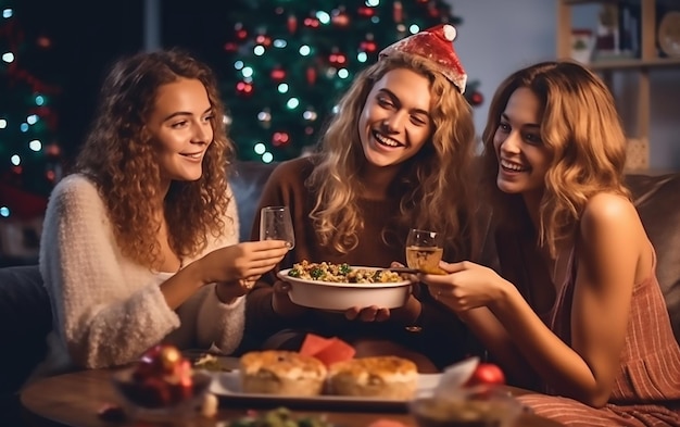 写真 クリスマスを祝う夕食をとっている女の子たちの写真