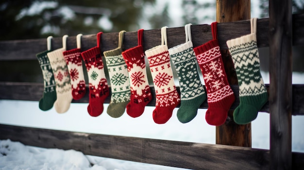 写真 手編みのクリスマスストッキングの写真 ⁇ 田舎の木製のフェンス ⁇ 雪の草原の背景にぶら下がっています ⁇