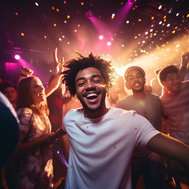 Фото Фото человека, танцующего с друзьями и вечеринкой на дискотеке в ночном клубе