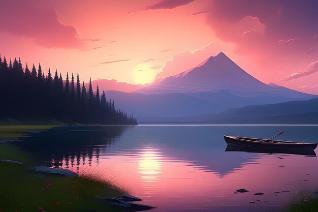 Фото Фото мирного природного пейзажа с горным озером на заднем плане под мягким солнечным светом