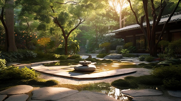 사진 젠 록 가든 과 반사 수영장 을 가진 조용 한 명상 정원 의 사진