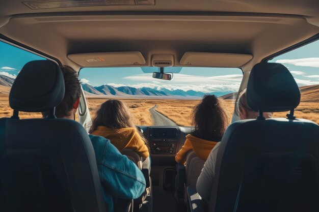 Фото Фото двух человек, комфортно сидящих в задней части фургона. семья на дороге, путешествующая в просторном электрическом микроавтобусе. панорамные пейзажи.