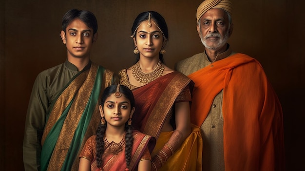 사진 전통적인 인도 가족의 사진 초상화가 생성 인공 지능으로 생성됩니다.