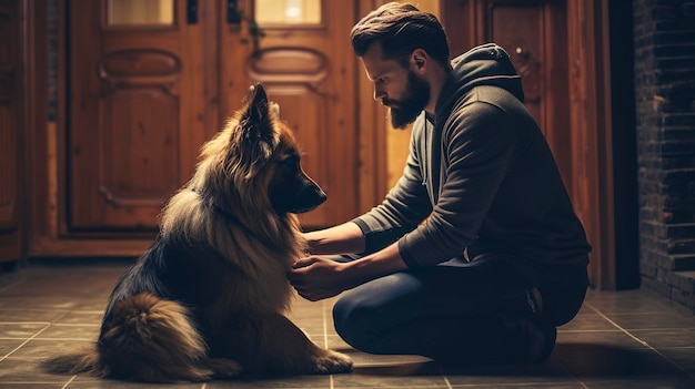 写真 ペットの行動に取り組む飼い主の献身と忍耐力を示す写真