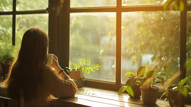 写真 窓のそばで静かな瞬間を楽しむ人のやかさと満足の気持ちを描いた写真