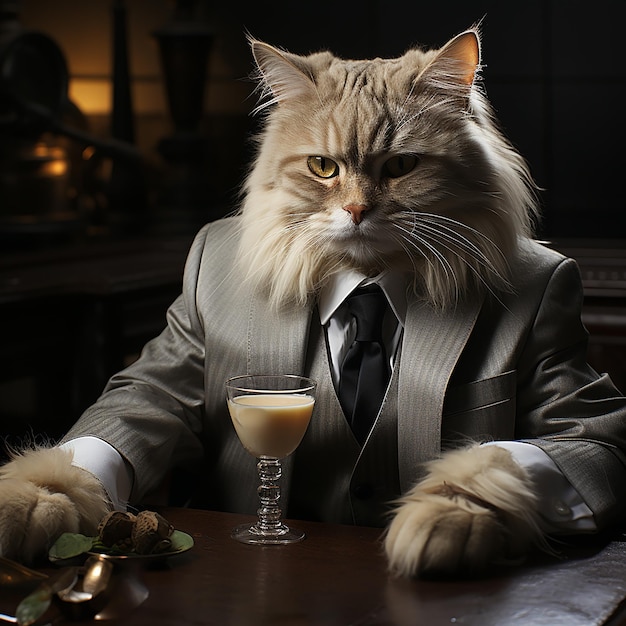 a_photograph_of_a_cat_wearing_a_suit_and_drinking_a_mart