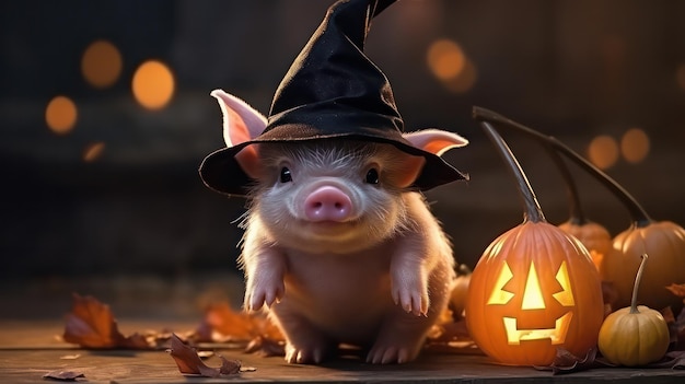 사진 할로윈 축하를 위해 마녀 모자를 사용하는 귀여운 돼지 사진