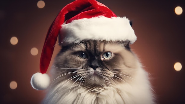 Фото Фотография милого кота-рагдолла в костюме санта-клауса и шляпе для рождественского празднования