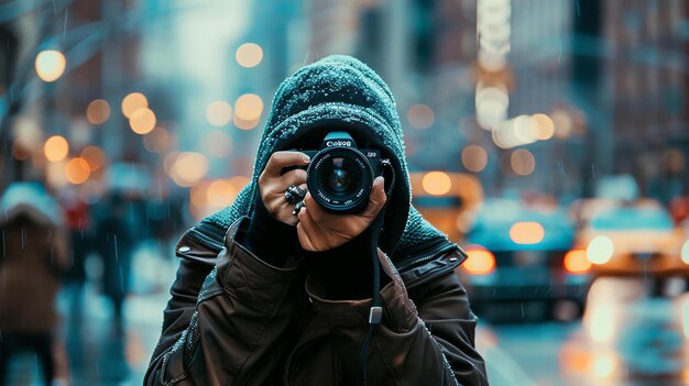 写真 黒いジャケットと黒い帽子をかぶった写真家が雨の中の街の通りを撮影しています街のライトは背景にぼやけています