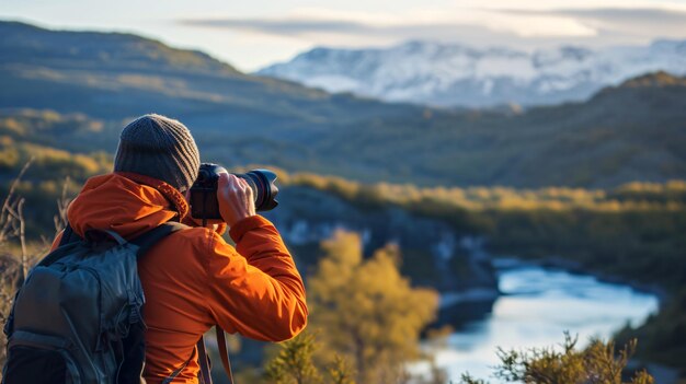 写真 写真家が山頂に立って美しい風景の写真を撮ります太陽が沈み空は暖かい金色です