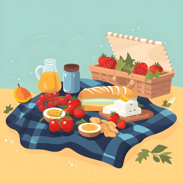 Фото Пикник с корзиной для пикника, корзиной с фруктами и одеялом для пикника.