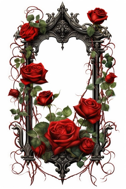 写真 赤いバラとつるの額縁 コピー スペース付きのデジタル画像フレーム