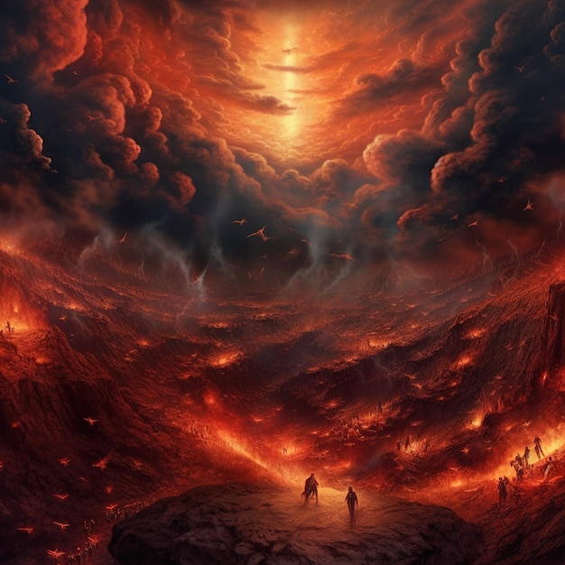 사진 하늘에 불이 붙어 있고 남자와 여자가 땅 위에 서 있는 사진입니다.