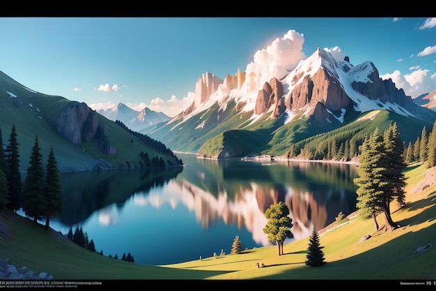 写真 背景に山がある山の湖の写真。