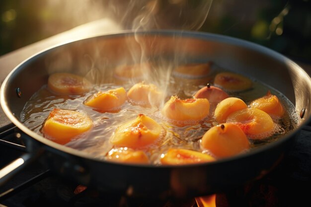 Фото Изображение сковородки с едой, готовящейся на плите это изображение может быть использовано для демонстрации процесса приготовления и приготовления пищи