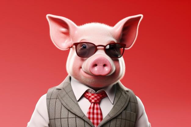 Фото Картина свиньи в костюме и солнцезащитных очках, стоящей на ярко-красном фоне это изображение может быть использовано для различных концепций и дизайнов
