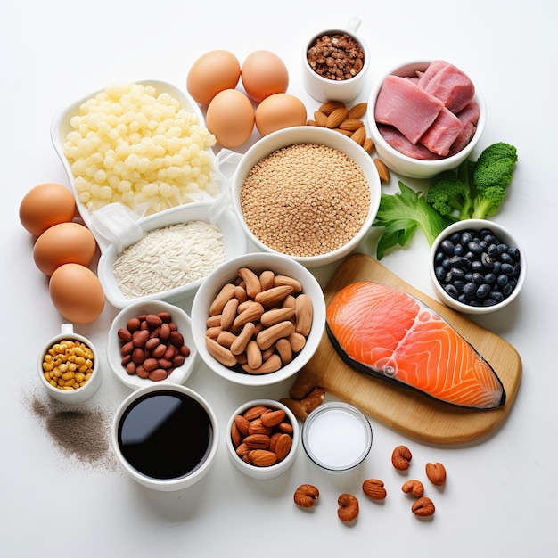 Фото Изображение углеводов, белка, жира и энергетической пищи на белом фоне