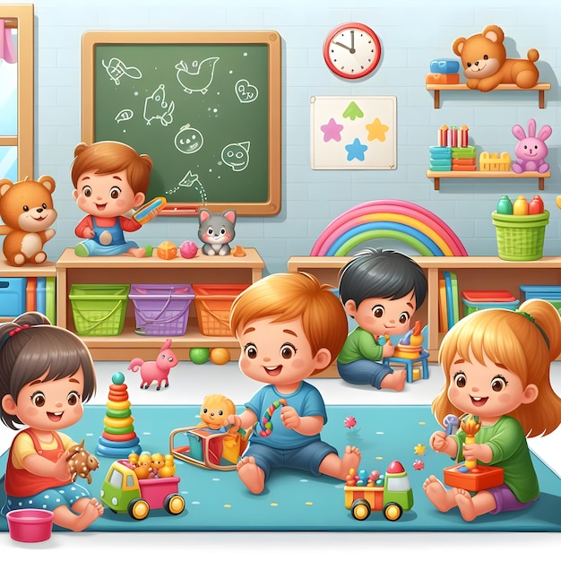 Фото Картина детей, играющих с игрушками и часами на стене