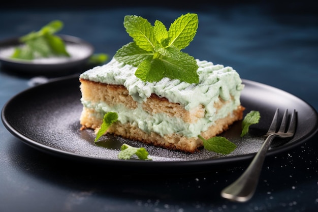 Фото Кусок торта с листьями мяты на синей тарелке